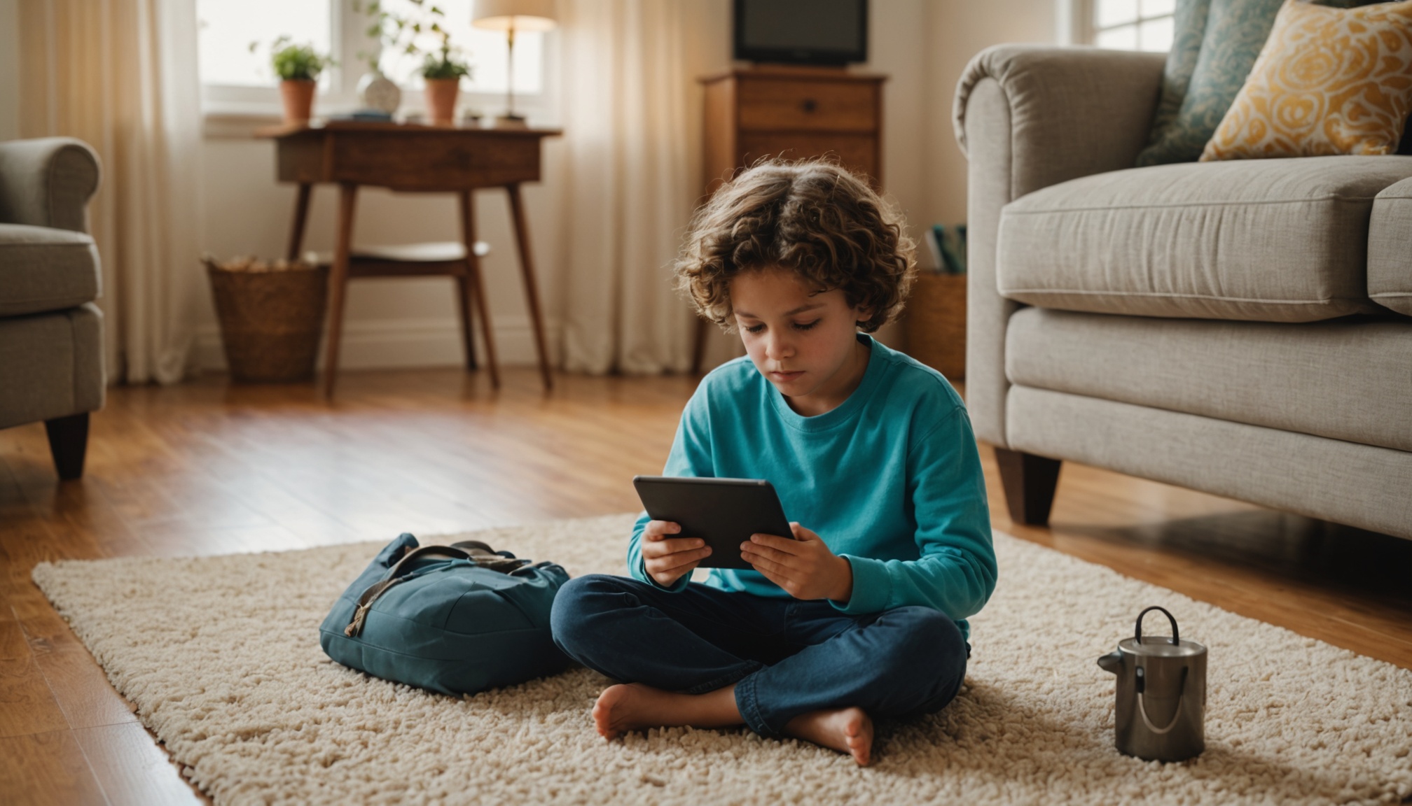 Child with tablet, parent watching