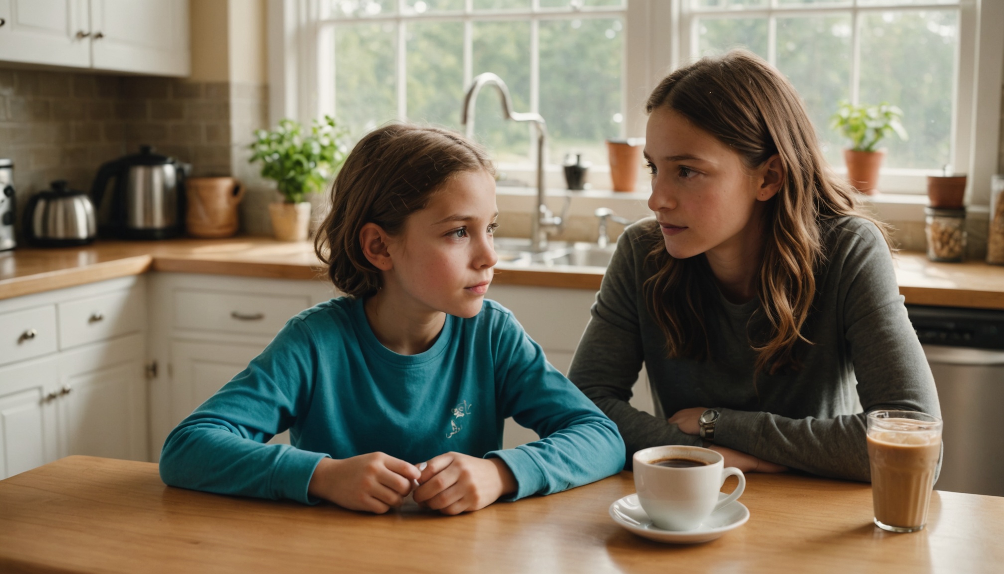 Parent and child talking at kitchen table