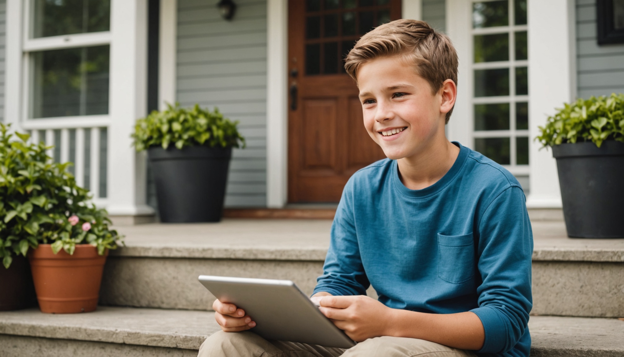 Confident child using tablet outdoors