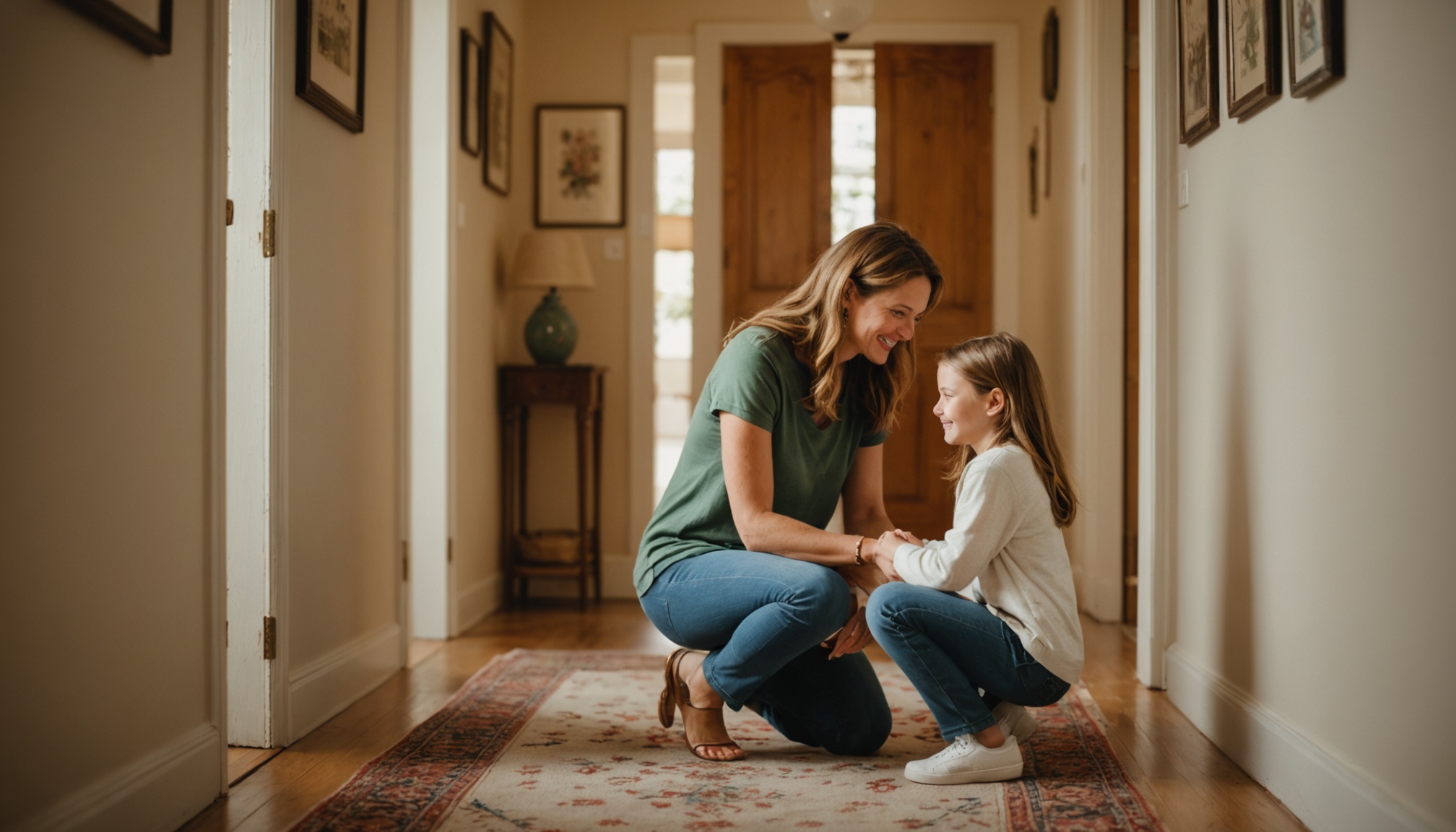 Mother kneeling to child's eye level, talking