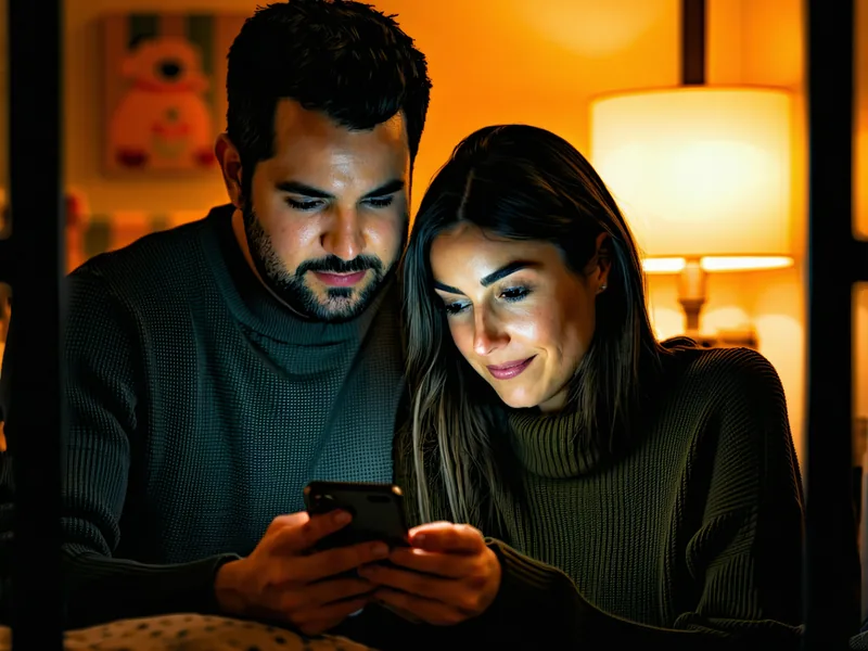 Two adults looking at a phone together in a dimly lit nursery setting
