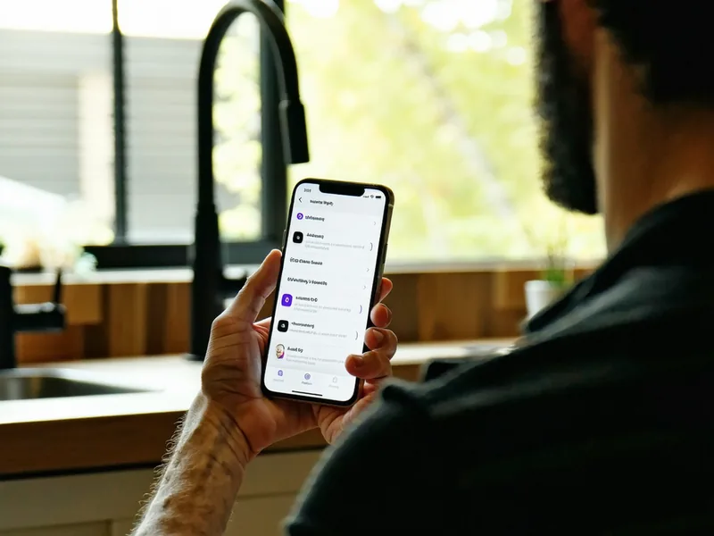 Person handing off phone to partner showing baby log summary, kitchen morning light
