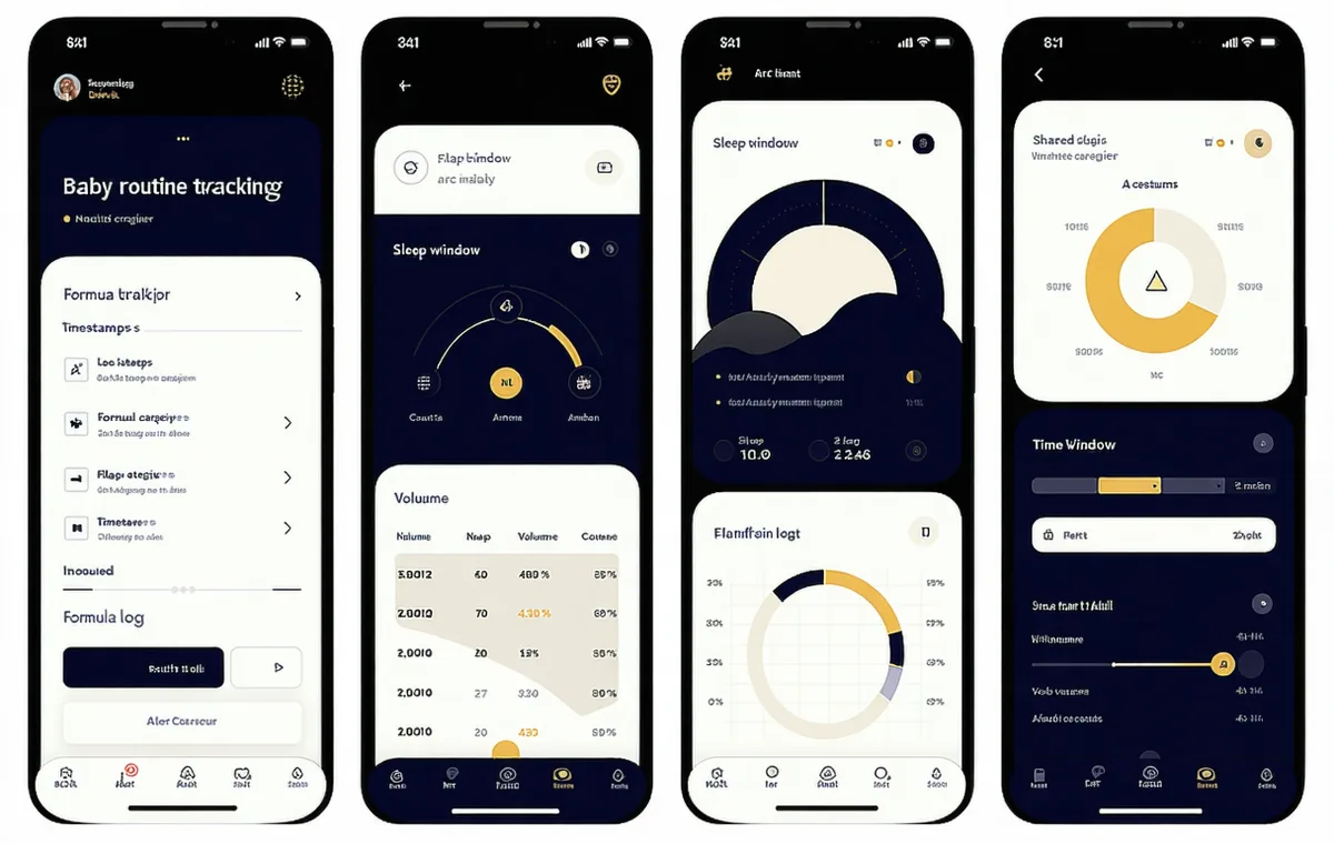 Xoul app interface diagram showing four feature areas: multi-caregiver log, sleep windows, feed tracking, pediatric flags